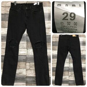 MNML Slim Skinny Jeans Men’s 29x30 Black Button Fly Distressed Ripped Knees